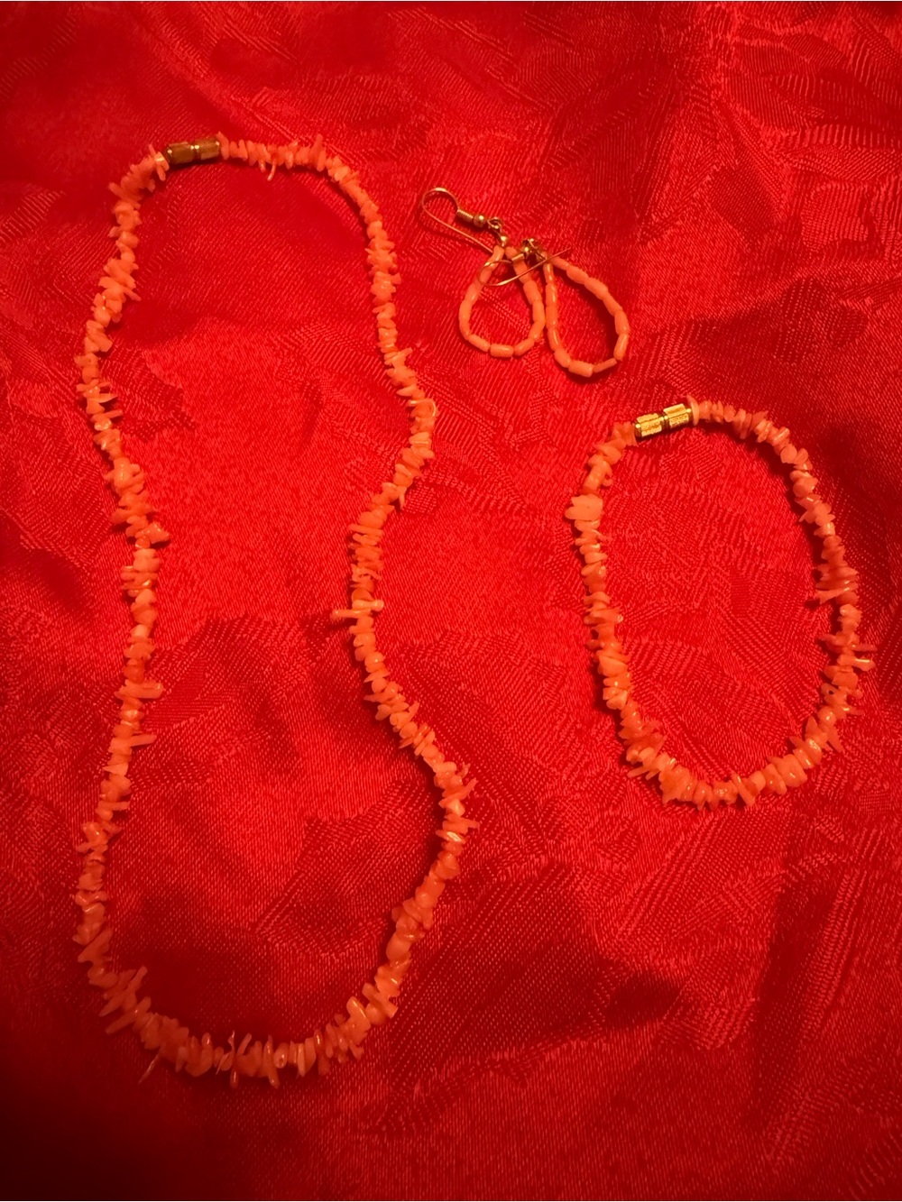 Coral Chip Bead Necklace, Bracelet & Earrings Set